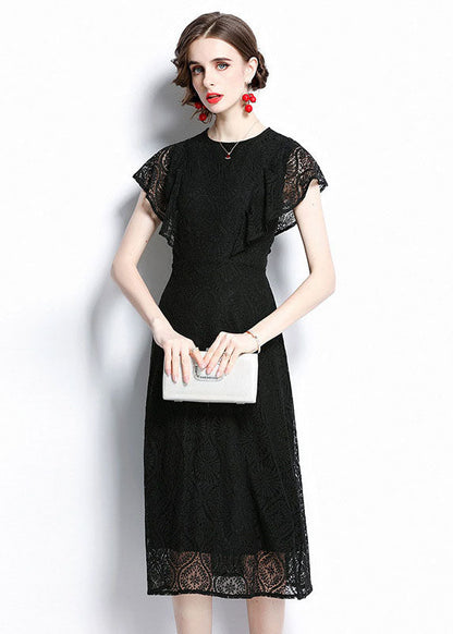 Black O Neck Hollow Out Patchwork Lace Dresses Batwing Sleeve