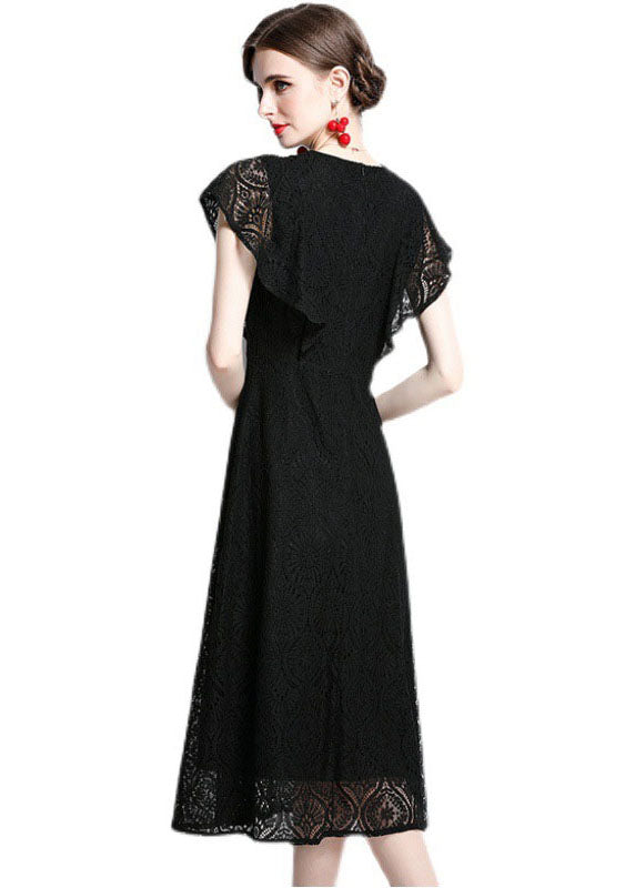 Black O Neck Hollow Out Patchwork Lace Dresses Batwing Sleeve
