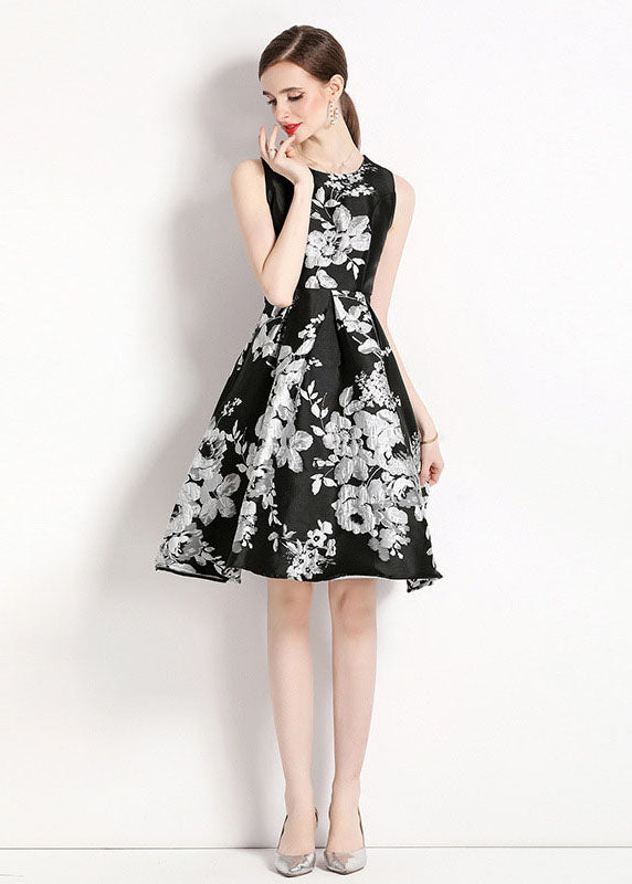 Black O Neck Jacquard Patchwork Chiffon Mid Dress Sleeveless