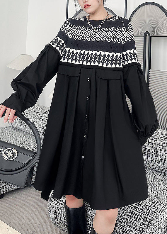 Black O Neck Knit Patchwork Cotton Dresses Spring