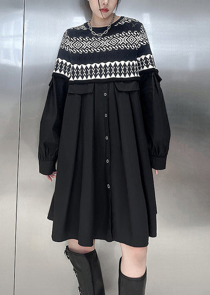 Black O Neck Knit Patchwork Cotton Dresses Spring