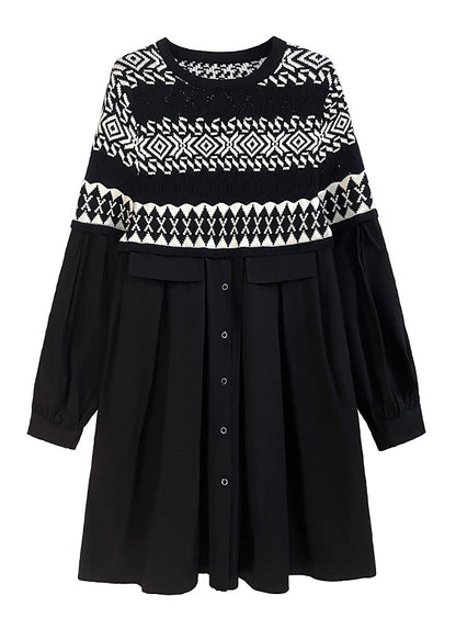 Black O Neck Knit Patchwork Cotton Dresses Spring