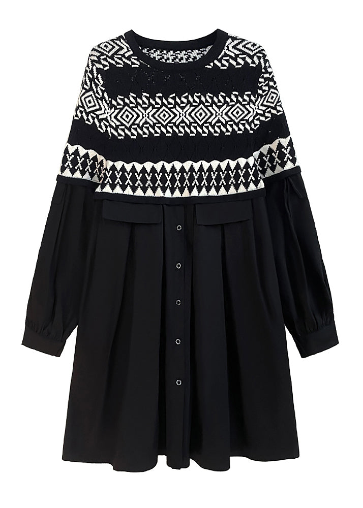 Black O Neck Knit Patchwork Cotton Dresses Spring