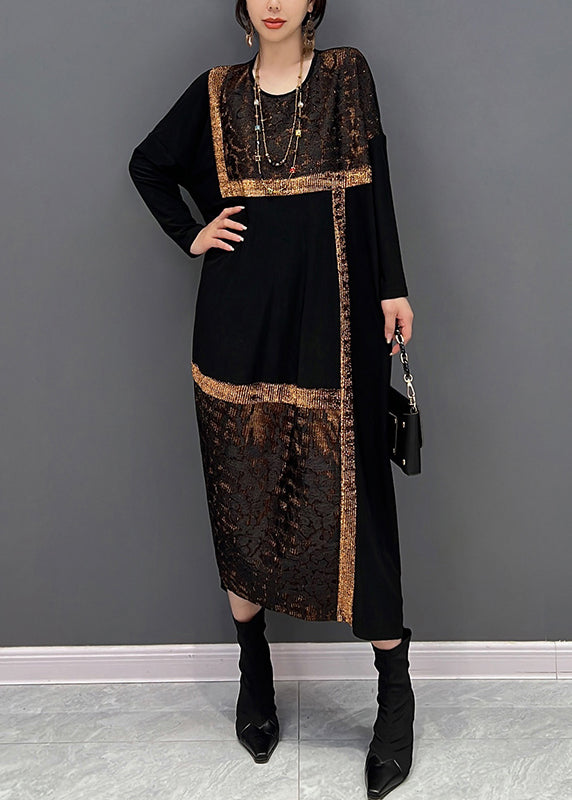Black O Neck Organza Patchwork Cotton Dress Fall
