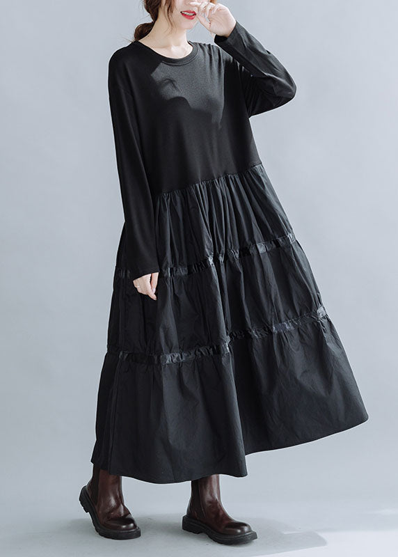 Black O-neck Patchwork Cotton Dress Spring