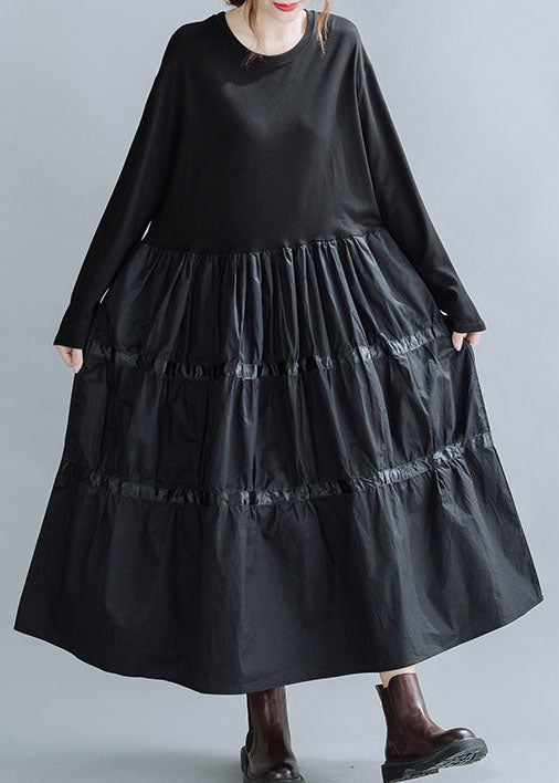 Black O-neck Patchwork Cotton Dress Spring