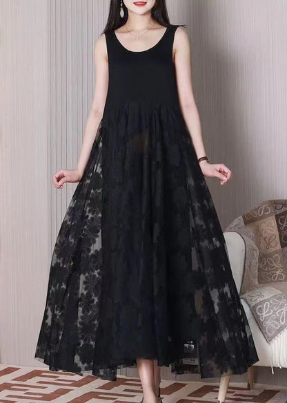 Black O Neck Patchwork Cotton Dresses Sleeveless