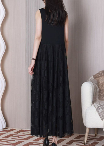 Black O Neck Patchwork Cotton Dresses Sleeveless