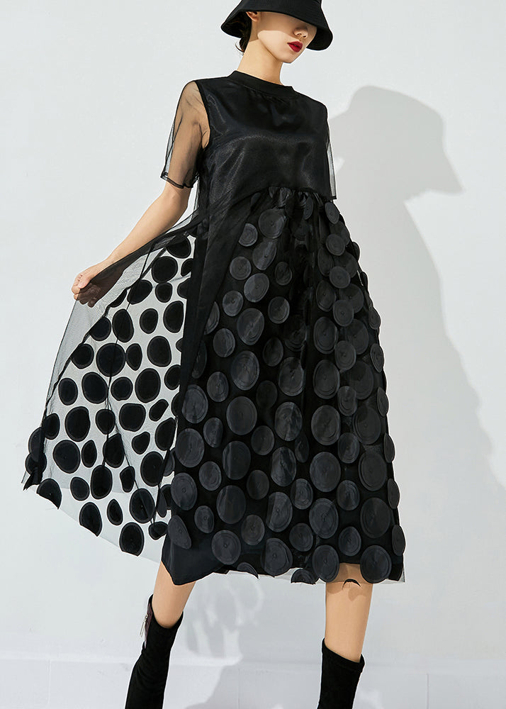 Light Green O-neck Patchwork Dot Tulle Holiday Dress Summer