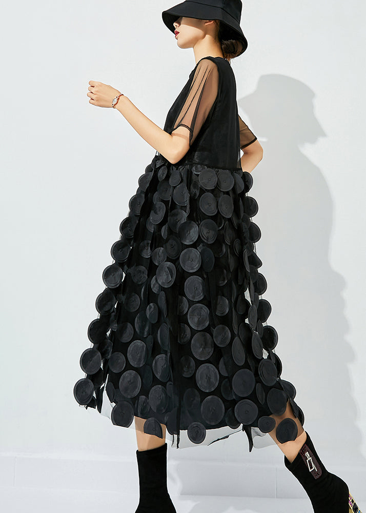 Black O-neck Patchwork Dot Tulle Holiday Dress Summer