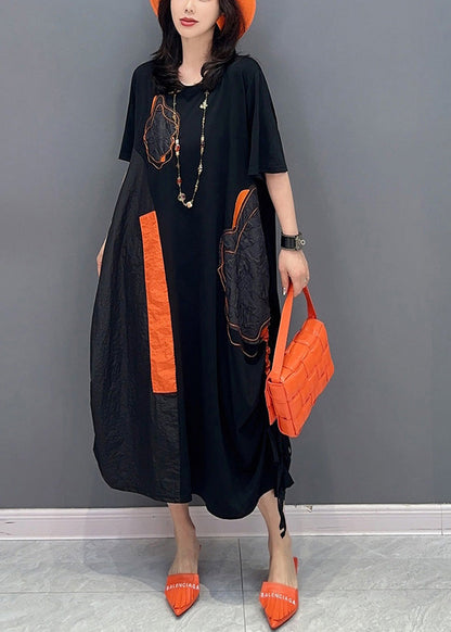 Black O-neck Patchwork Drawstring Holiday Long Dress Short Sleeve