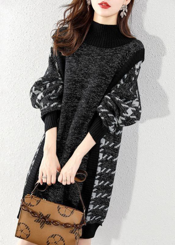 Black O-neck Patchwork Knit Sweater Dress Winter