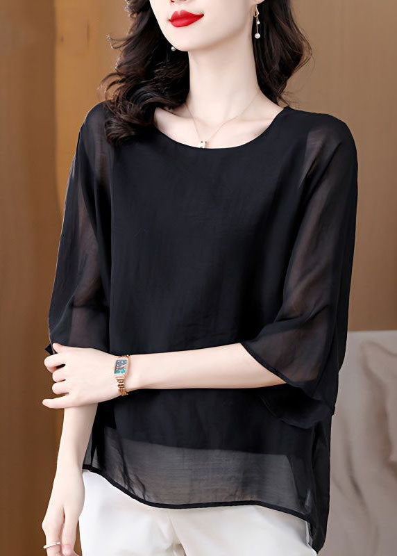 Black O Neck Patchwork Silk Tops Summer
