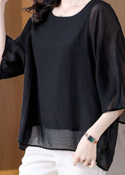 Black O Neck Patchwork Silk Tops Summer