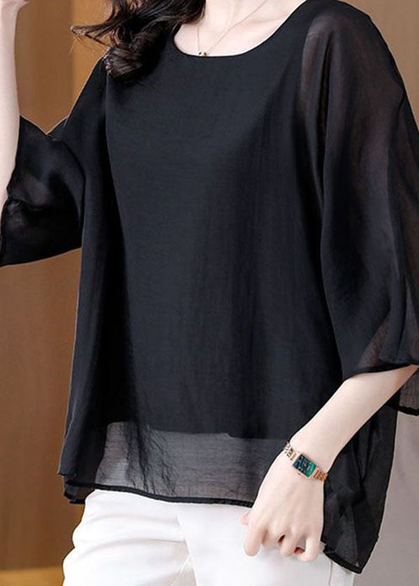 Black O Neck Patchwork Silk Tops Summer