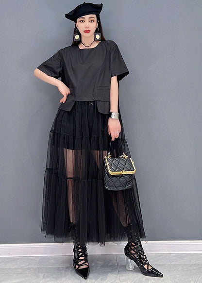 Black O-neck Patchwork Tulle Long Dress Short Sleeve