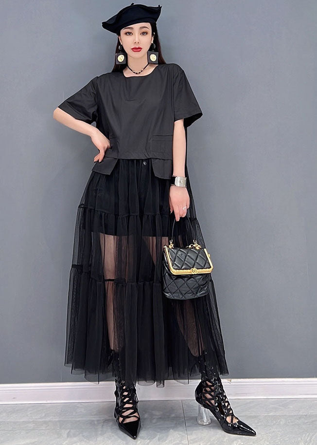 Black O-neck Patchwork Tulle Long Dress Short Sleeve
