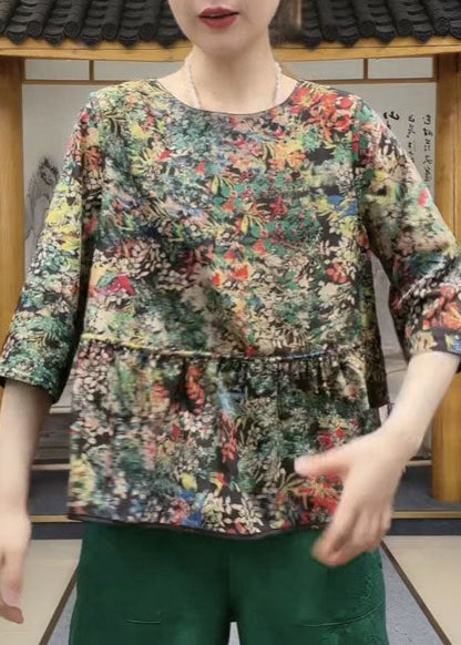 Black O-neck Patchwork Wrinkled Print Silk Wear on Both Sides Top Bracelet Sleeve