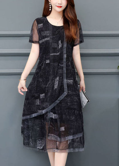Black O-neck Print Chiffon Holiday Dress Summer
