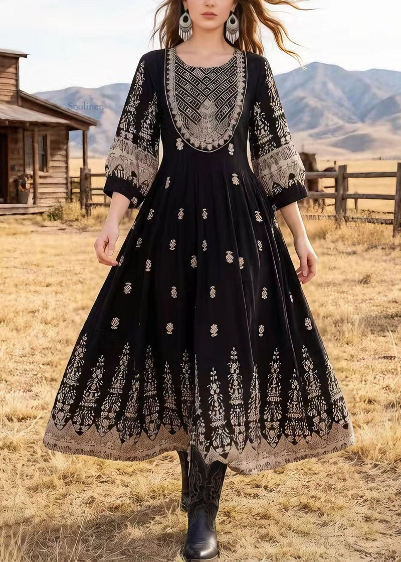 Black O Neck Print Cotton Dresses Bracelet Sleeve