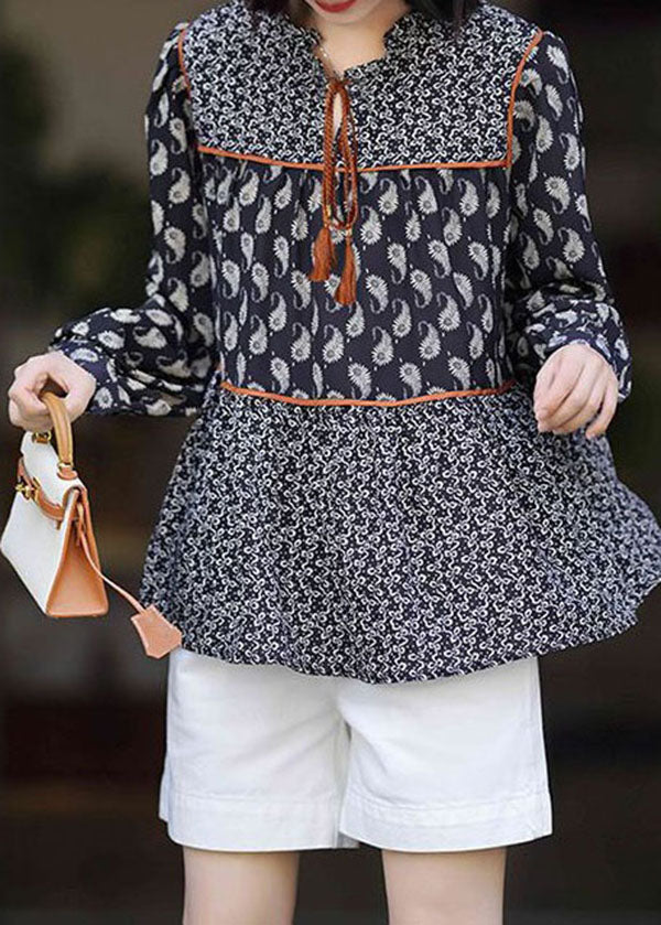 Black O Neck Print Patchwork Chiffon Blouses Spring