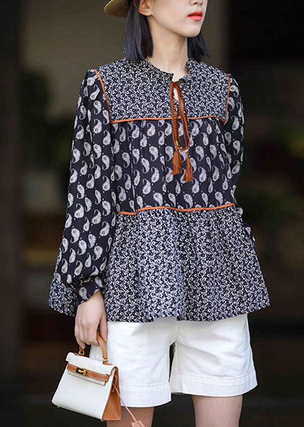 Black O Neck Print Patchwork Chiffon Blouses Spring