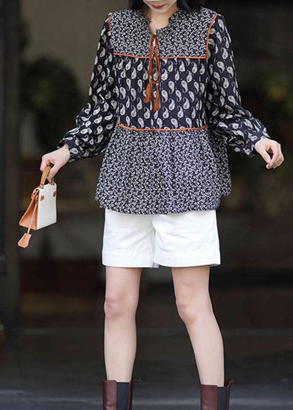 Black O Neck Print Patchwork Chiffon Blouses Spring