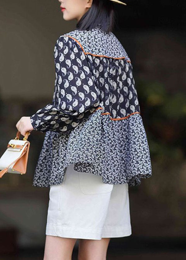 Black O Neck Print Patchwork Chiffon Blouses Spring