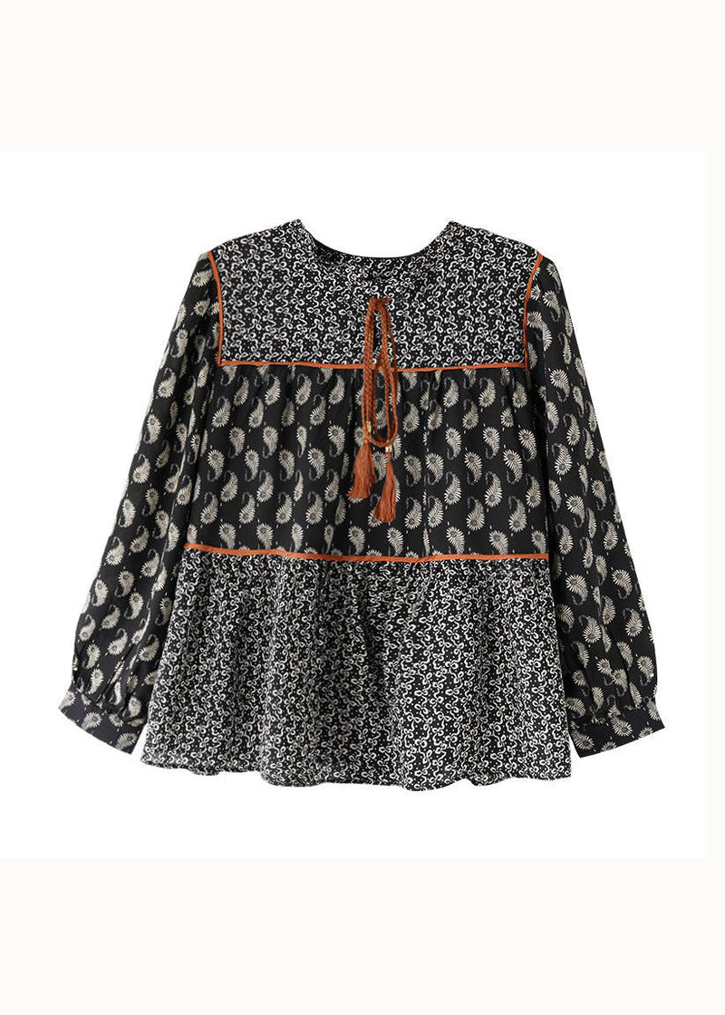 Black O Neck Print Patchwork Chiffon Blouses Spring
