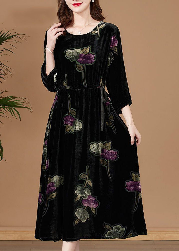 Black O-neck Print Velour Party Dress Bracelet Sleeve