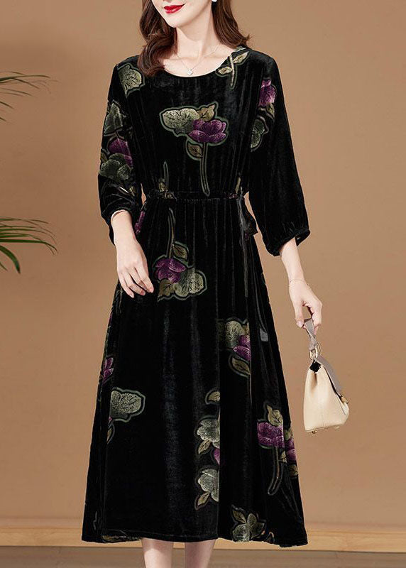 Black O-neck Print Velour Party Dress Bracelet Sleeve