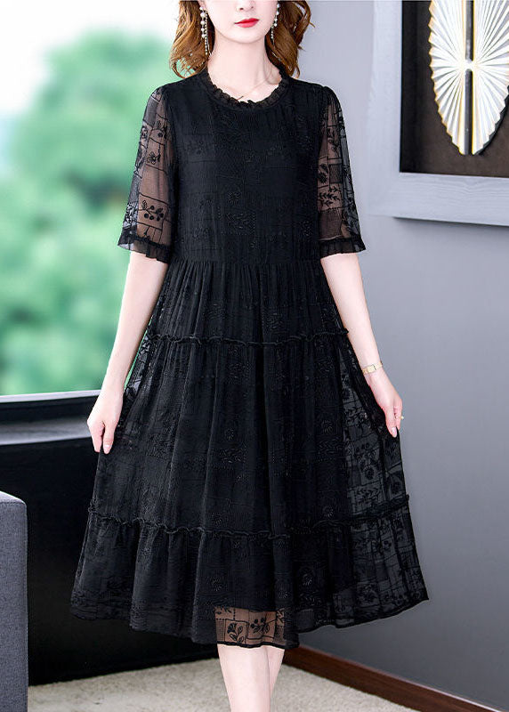 Black O-neck Ruffled Embroideried Silk Long Dresses Summer