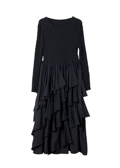 Black O Neck Ruffled Patchwork Cotton Dresses Spring