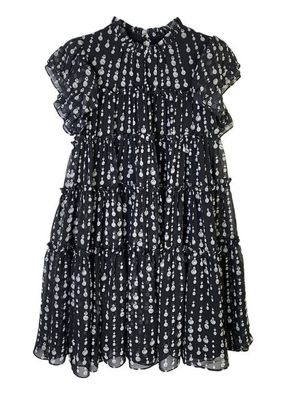 Black O-neck Ruffled Patchwork Dot Print Long Dress Short Sleeve