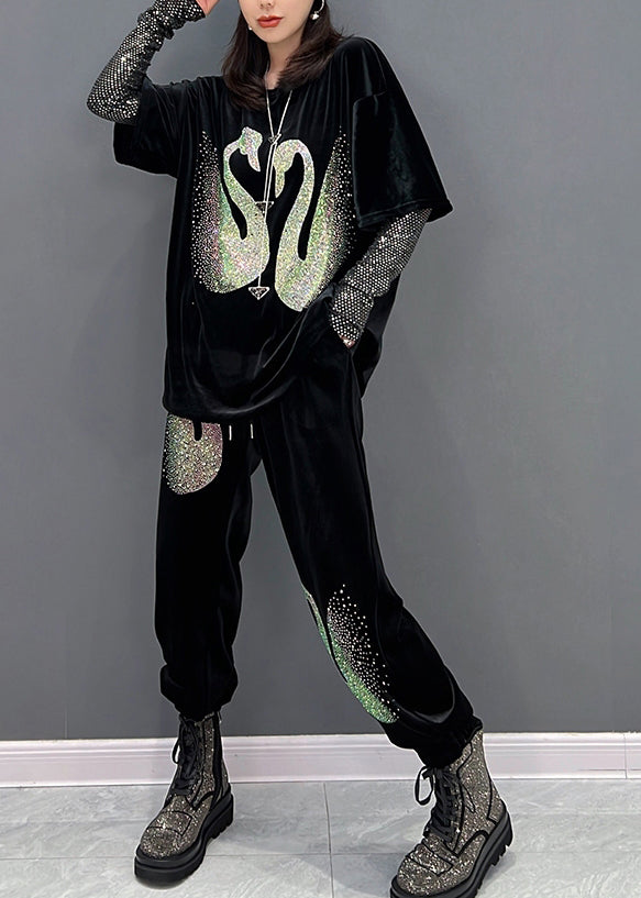 Black O-neck Sequins Velour Top and Pants Two Pieces Set Winter