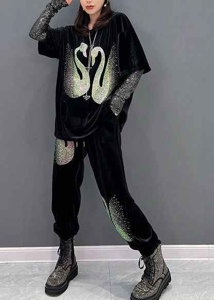 Black O-neck Sequins Velour Top and Pants Two Pieces Set Winter
