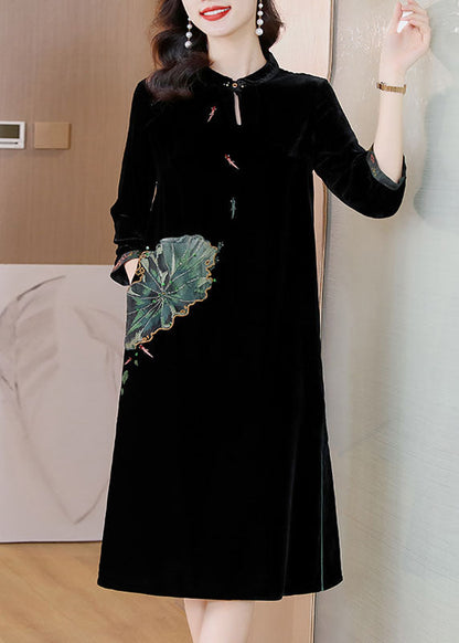 Black O-neckpockets Button Silk Velour Long Dresses Bracelet Sleeve