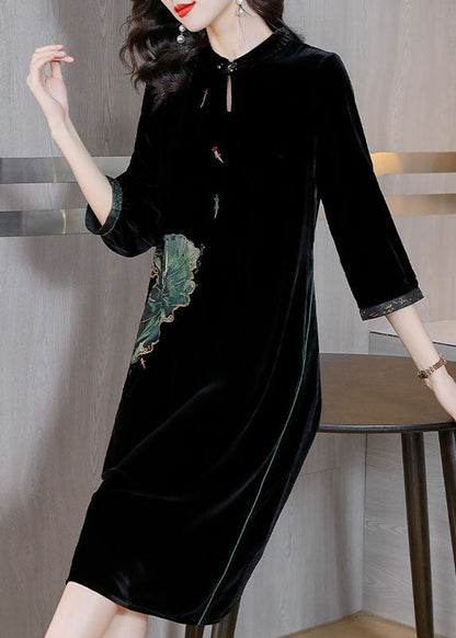 Black O-neckpockets Button Silk Velour Long Dresses Bracelet Sleeve