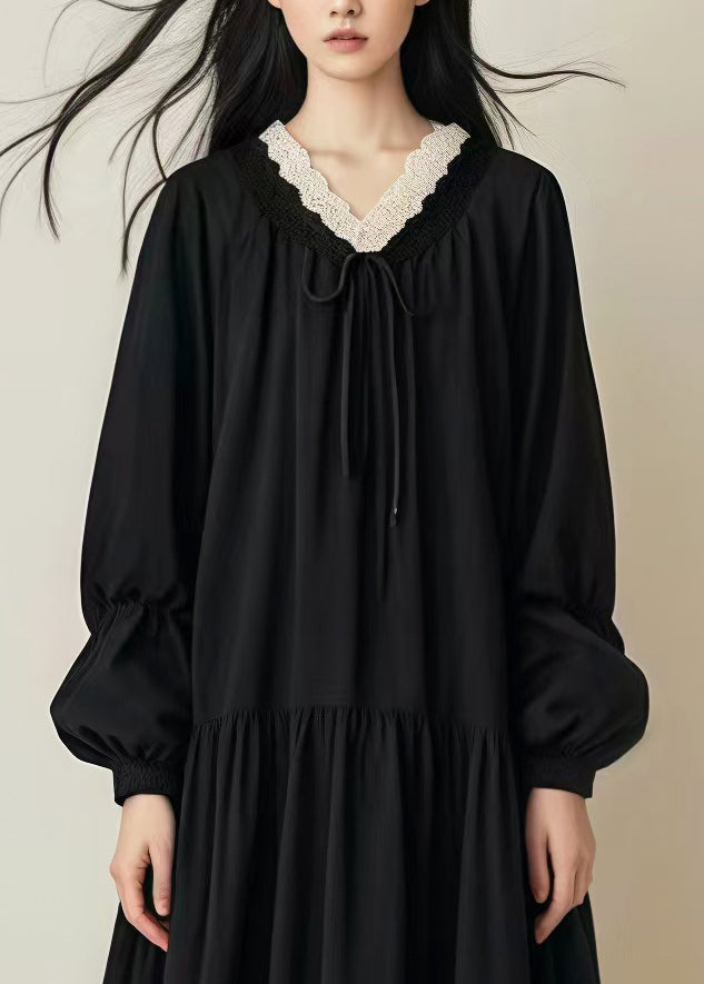 Black Oversized Drawstring Cotton Long Dress Spring