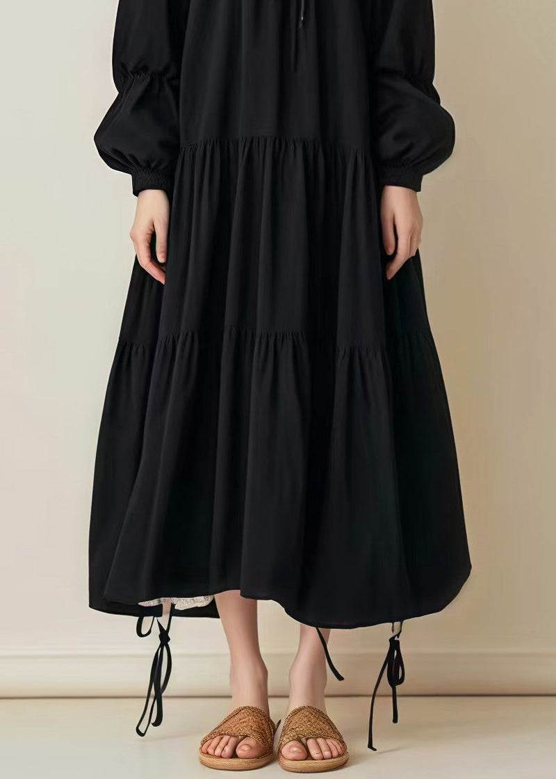 Black Oversized Drawstring Cotton Long Dress Spring