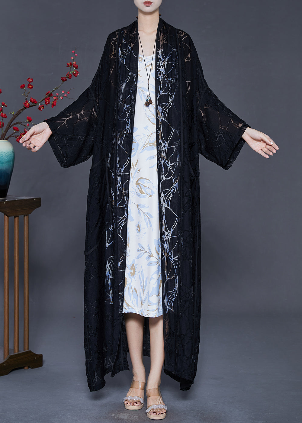 Black Oversized Hollow Out Chiffon Cardigan Spring