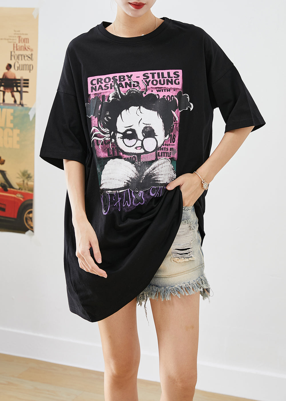 Black Oversized Original Design Print Cotton Tanks Summer