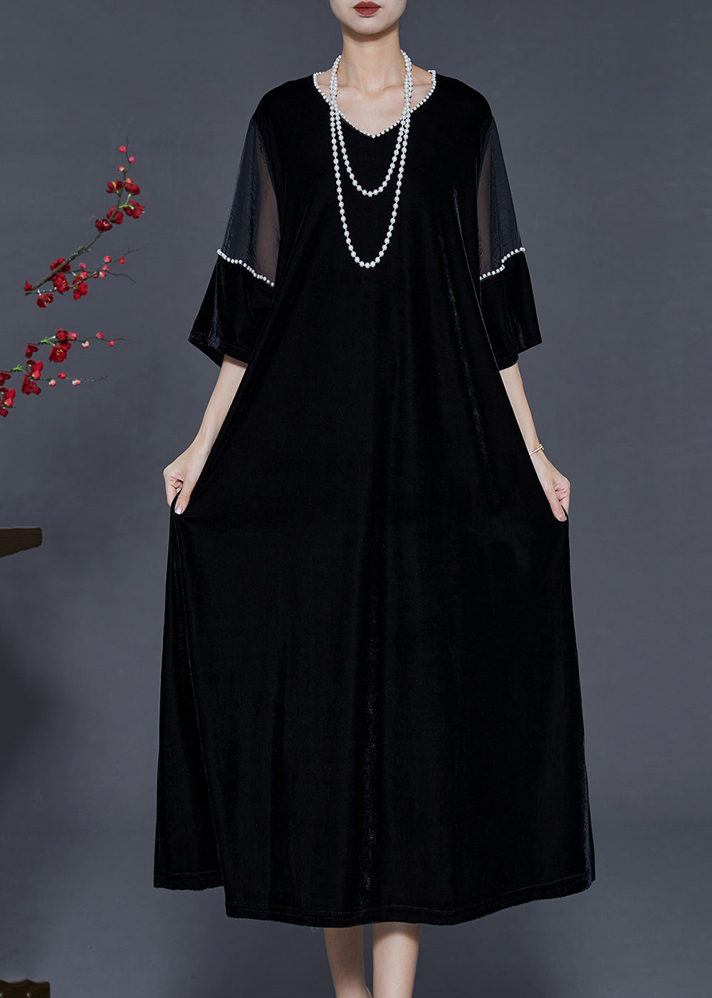Black Oversized Patchwork Nail Bead Silk Velvet Dress Spring