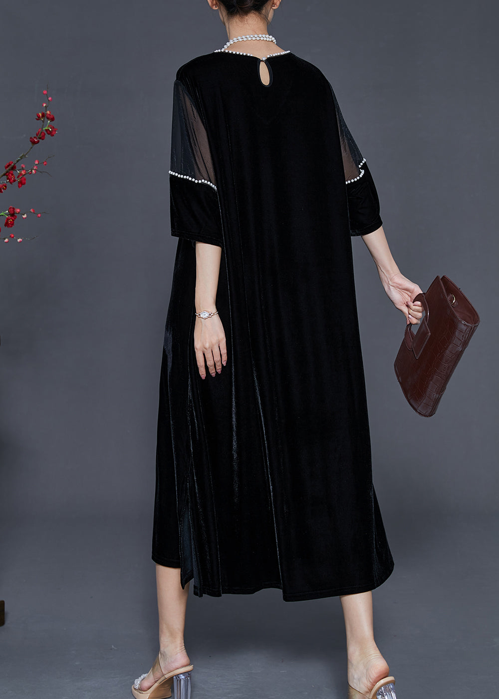 Black Oversized Patchwork Nail Bead Silk Velvet Dress Spring