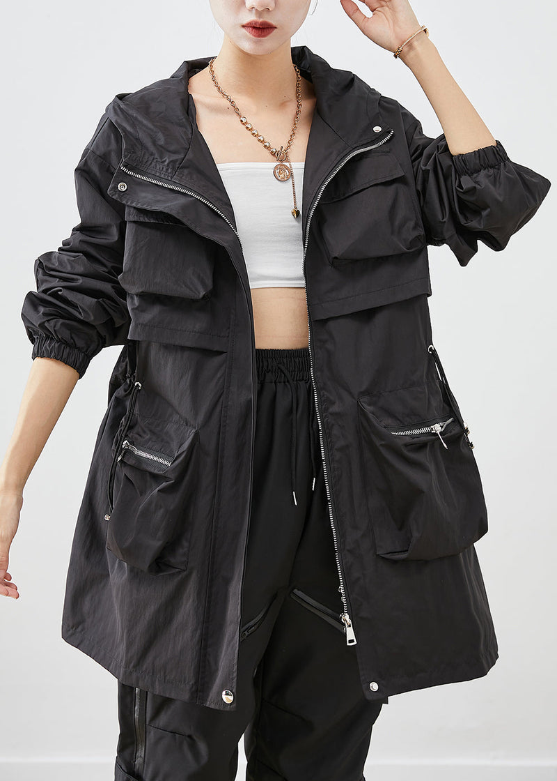 Black Oversized Patchwork Pockets Spandex Coat Fall