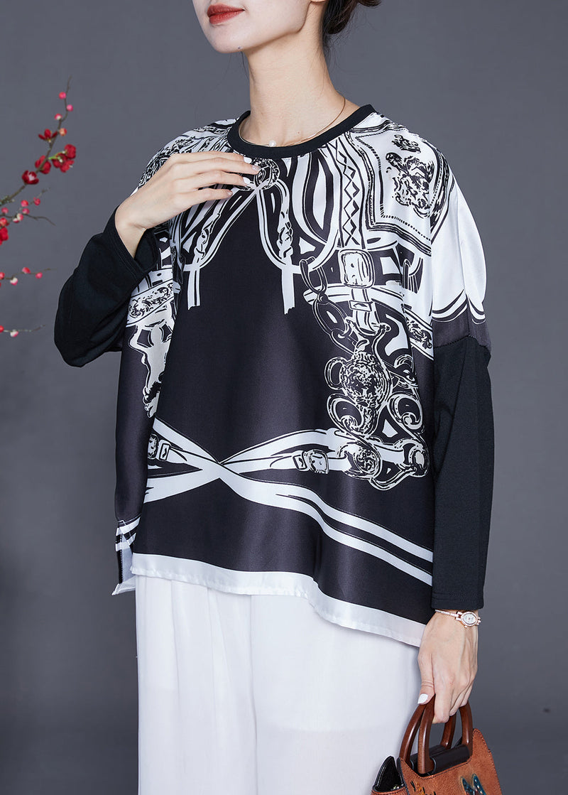 Black Oversized Patchwork Print Satin Tops Summer
