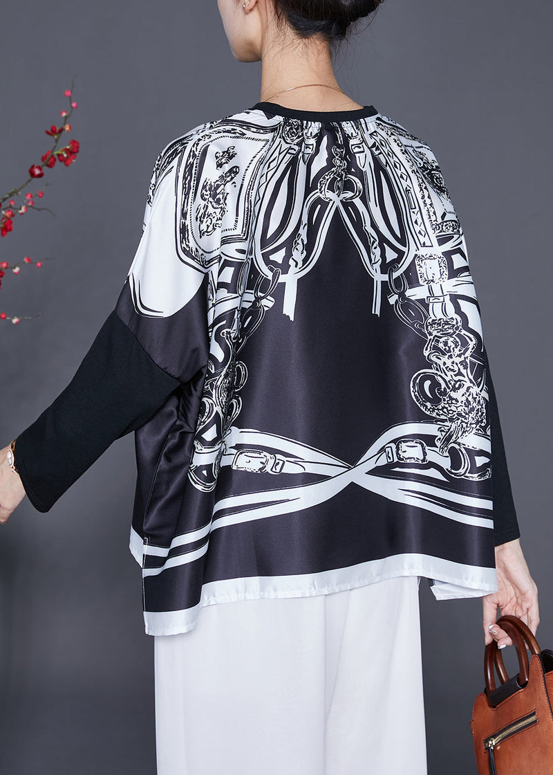 Black Oversized Patchwork Print Satin Tops Summer