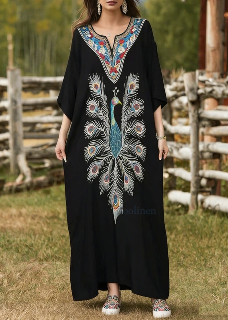 Black Oversized Peacock Print Cotton Long Dress Summer