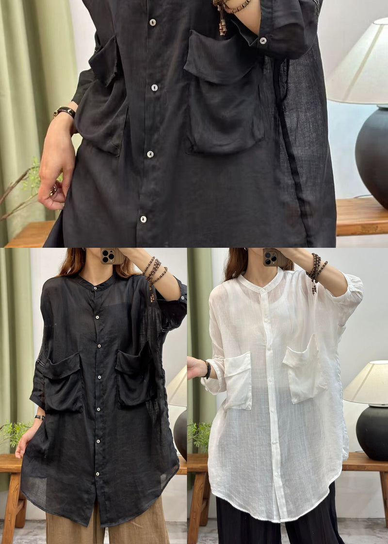 Black Oversized Pockets Cotton Long Shirt Summer