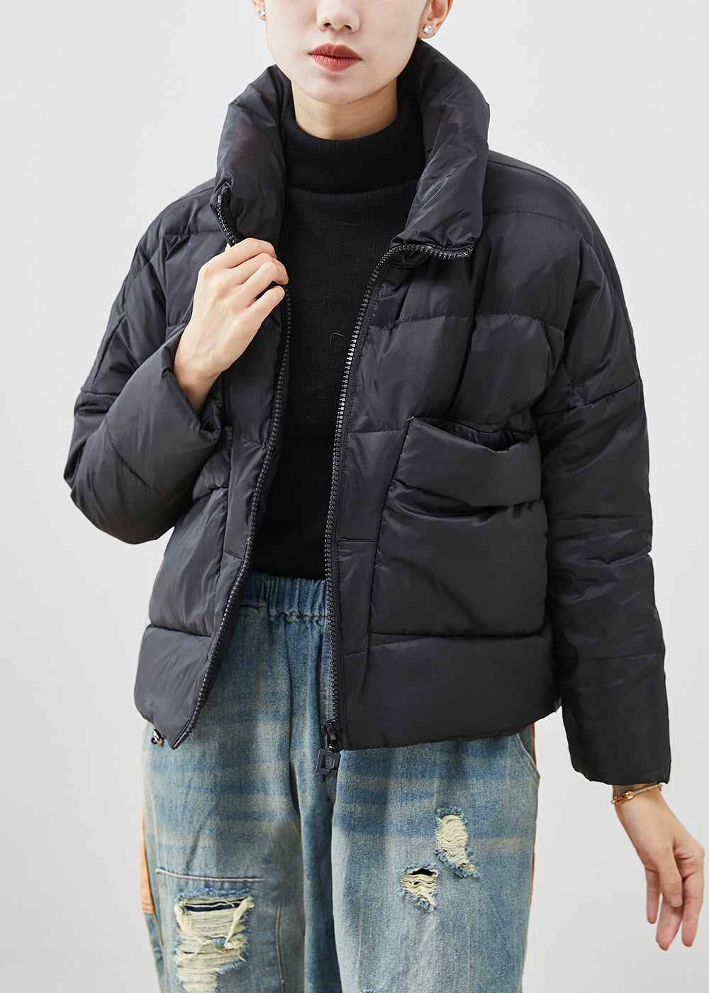 Black Oversized Pockets Duck Down Jackets Winter